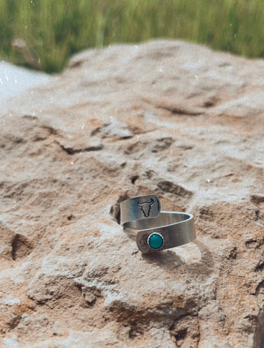 Bull Skull Wrap Ring With Turquoise